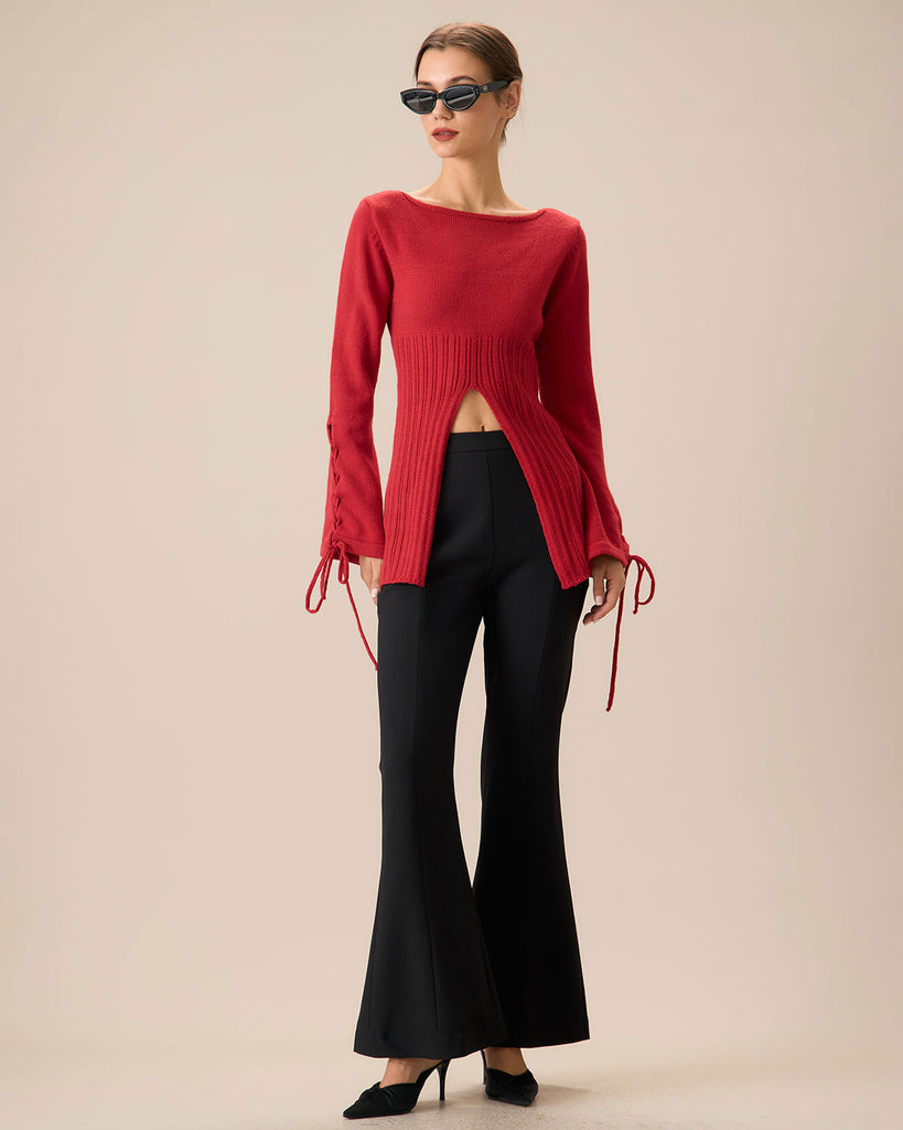 Women's Red Bell Sleeve Slit Sweater