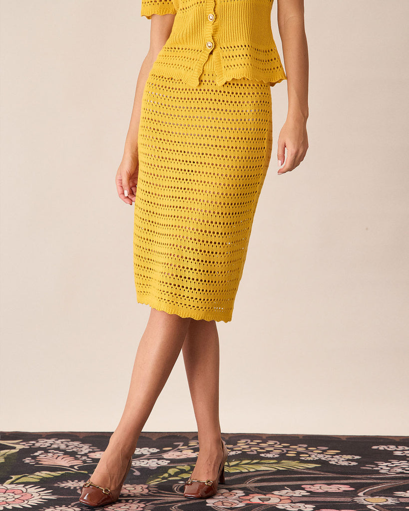 Yellow High-waisted Knee Length Knit Skirt 