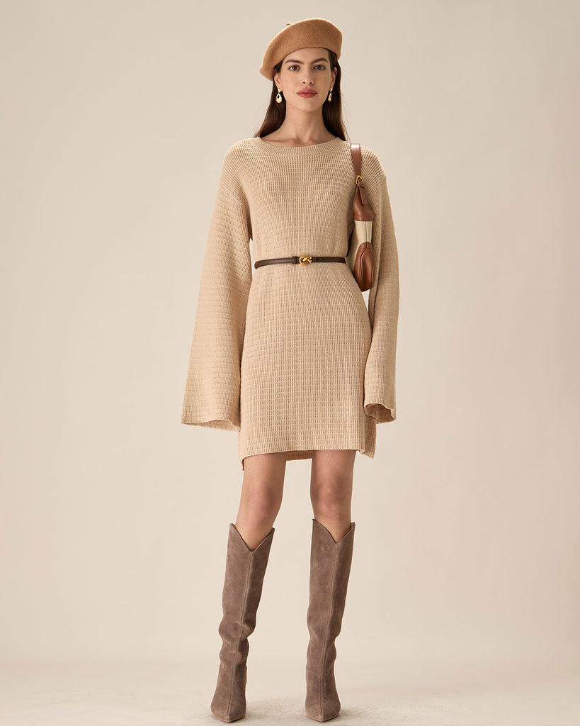 Beige Drop Shoulder Sweater Mini Dress