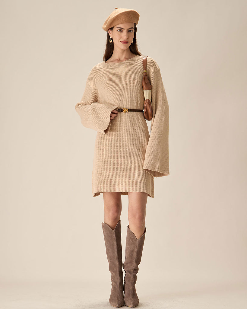 Beige Drop Shoulder Sweater Mini Dress