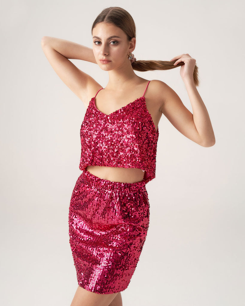 Red Sequin Cropped Cami Top