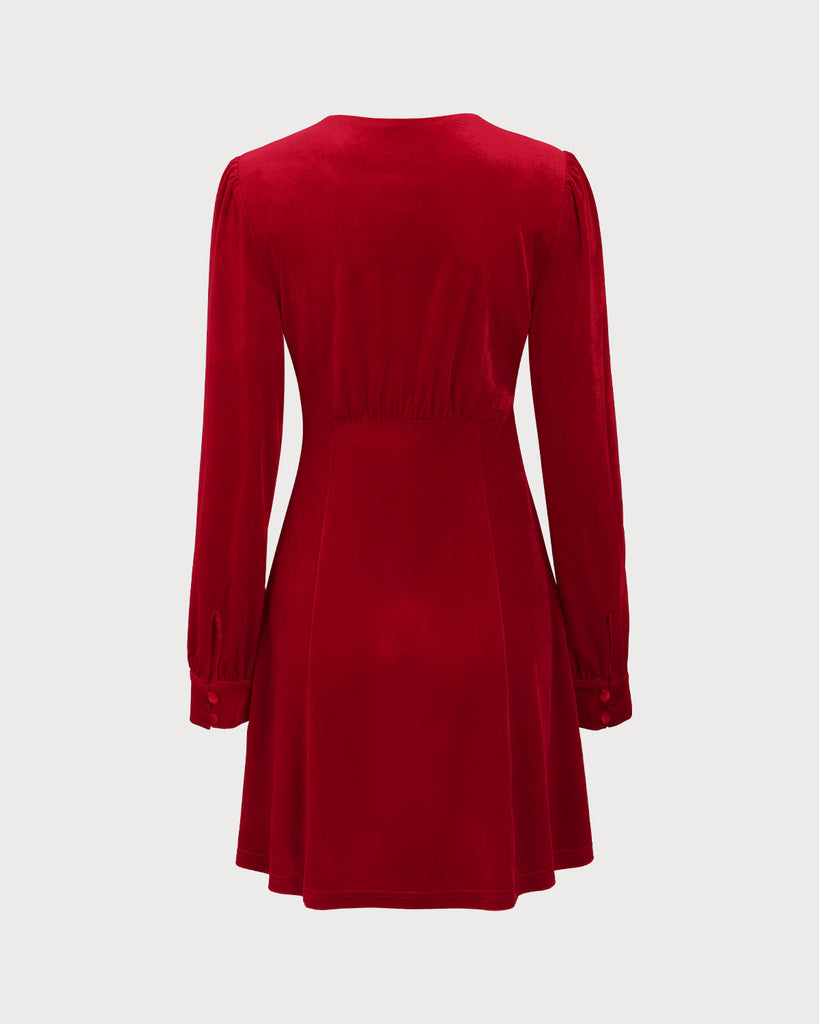 Women's Red Velvet Puffed Sleeve A-Line Mini Dress