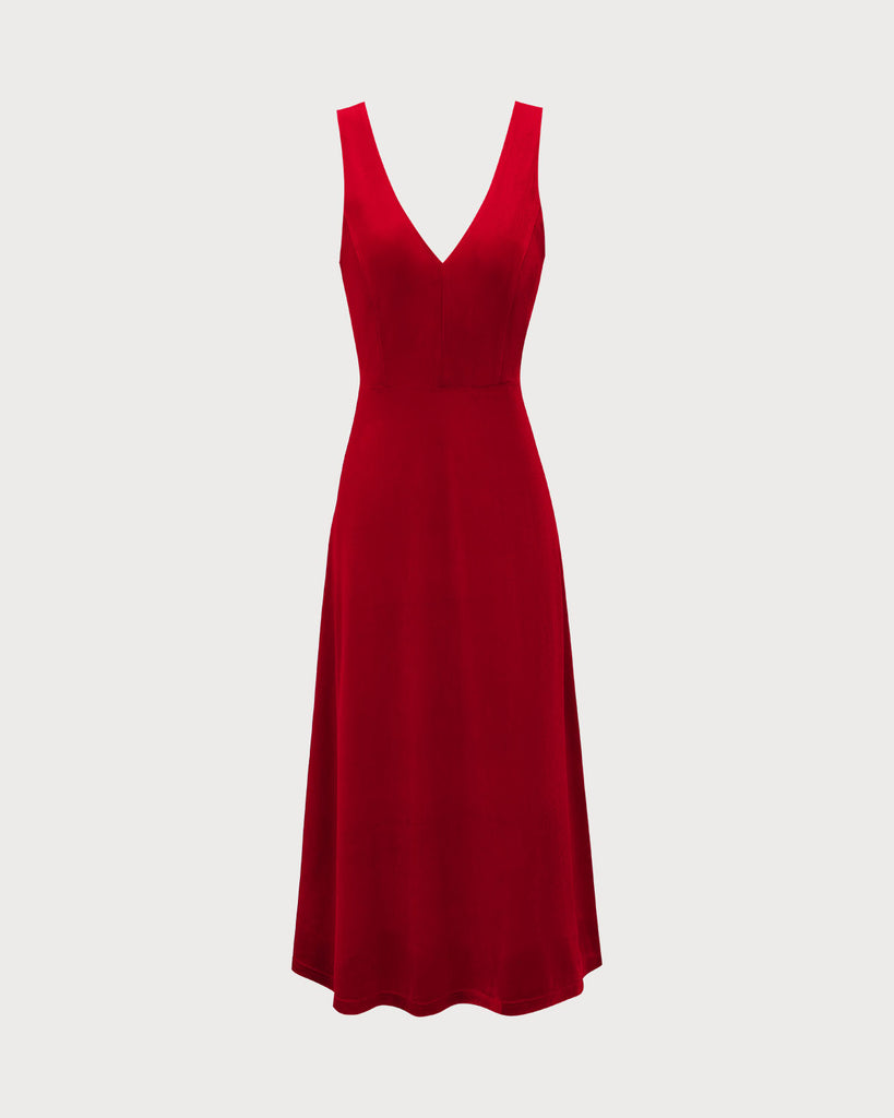 Red Velvet V Neck Backless Midi Dress