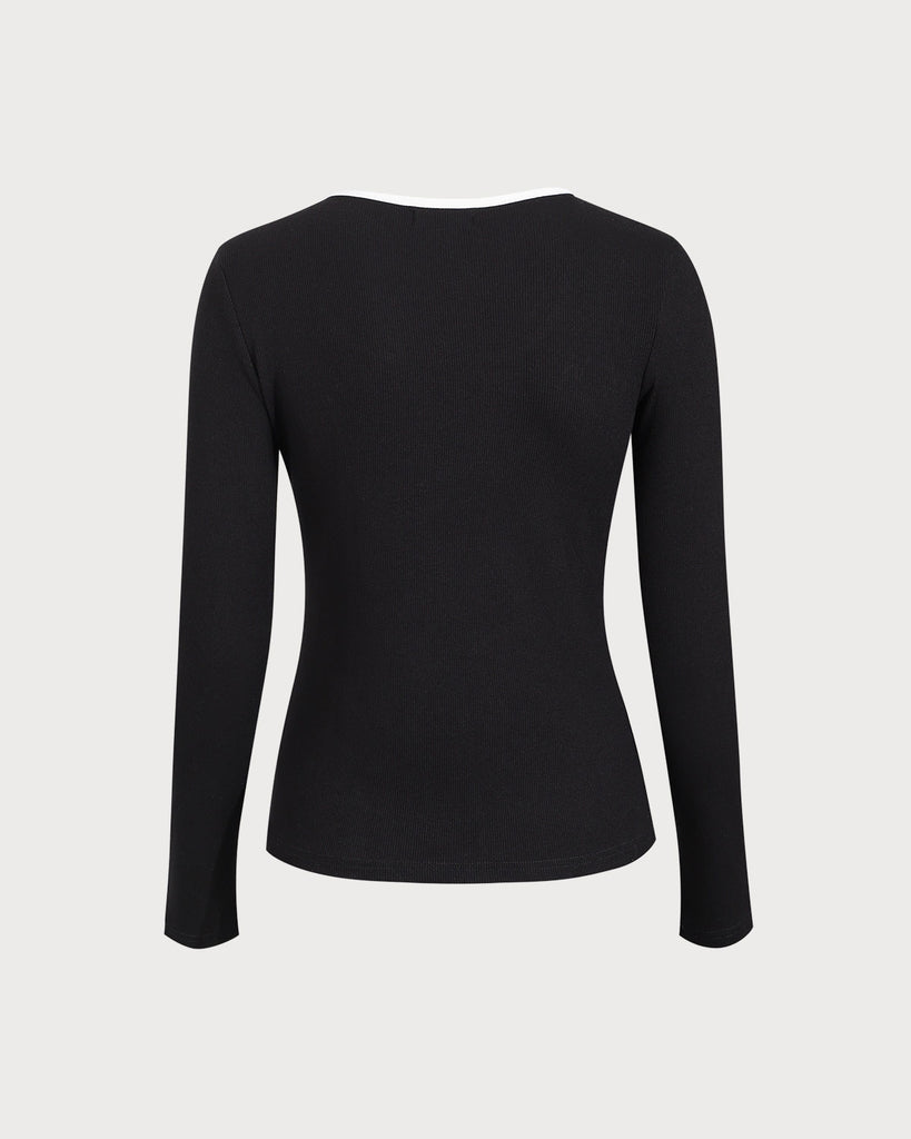 Black Contrasting Square Neck Slim Sweater