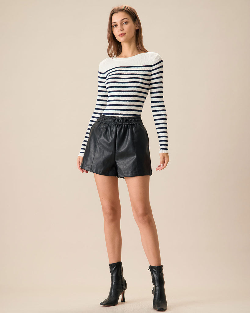 Women's Navy Boat Neck Slim Striped Sweater