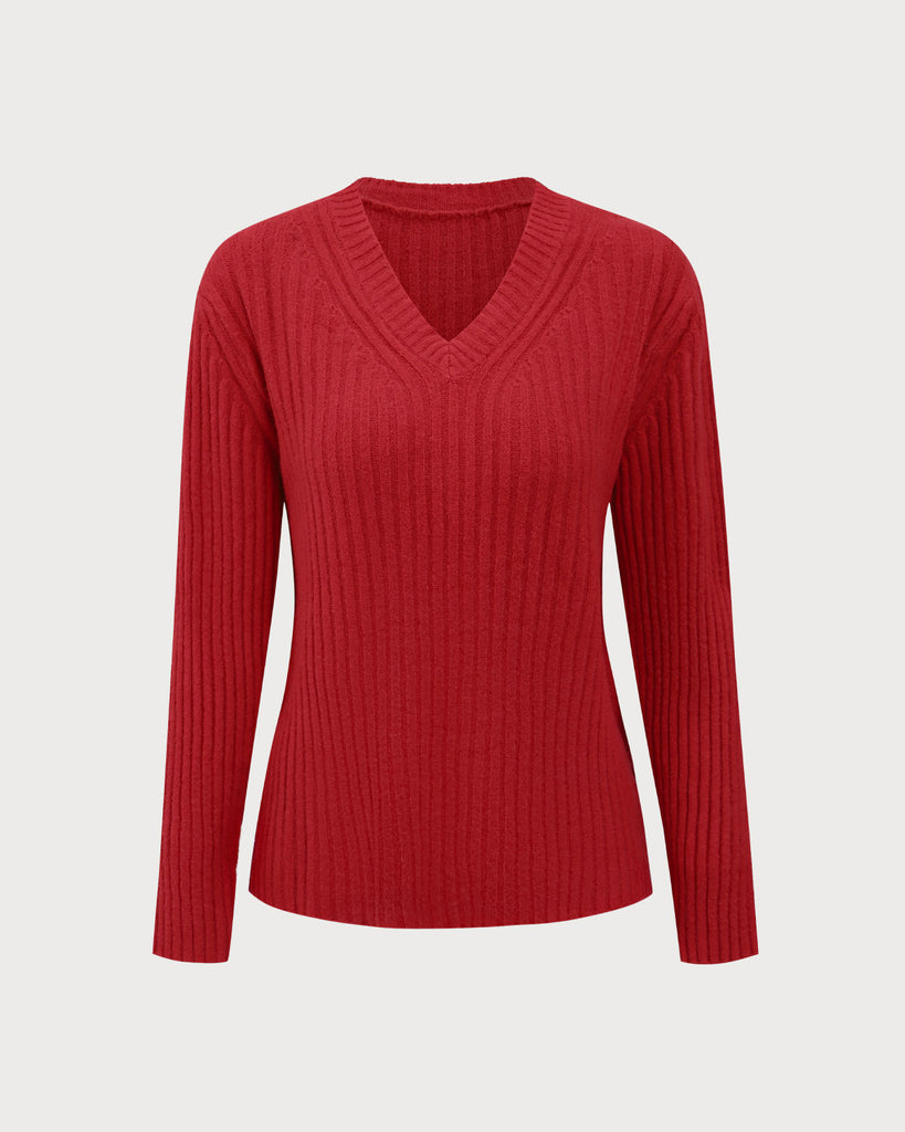 Red V-Neck Ribbed Sweater