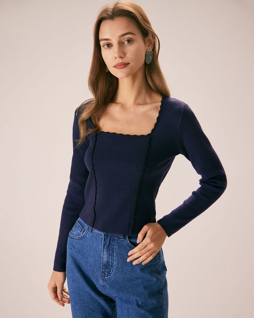 Women's Navy Square Neck Slim Knitted Sweater