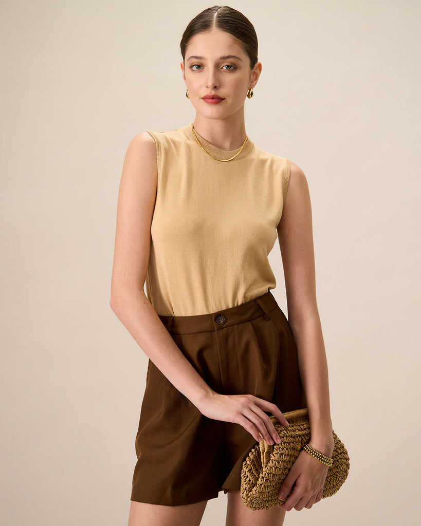 Women Knitted TENCEl Lyocell Tank Tops Khaki Tops - RIHOAS