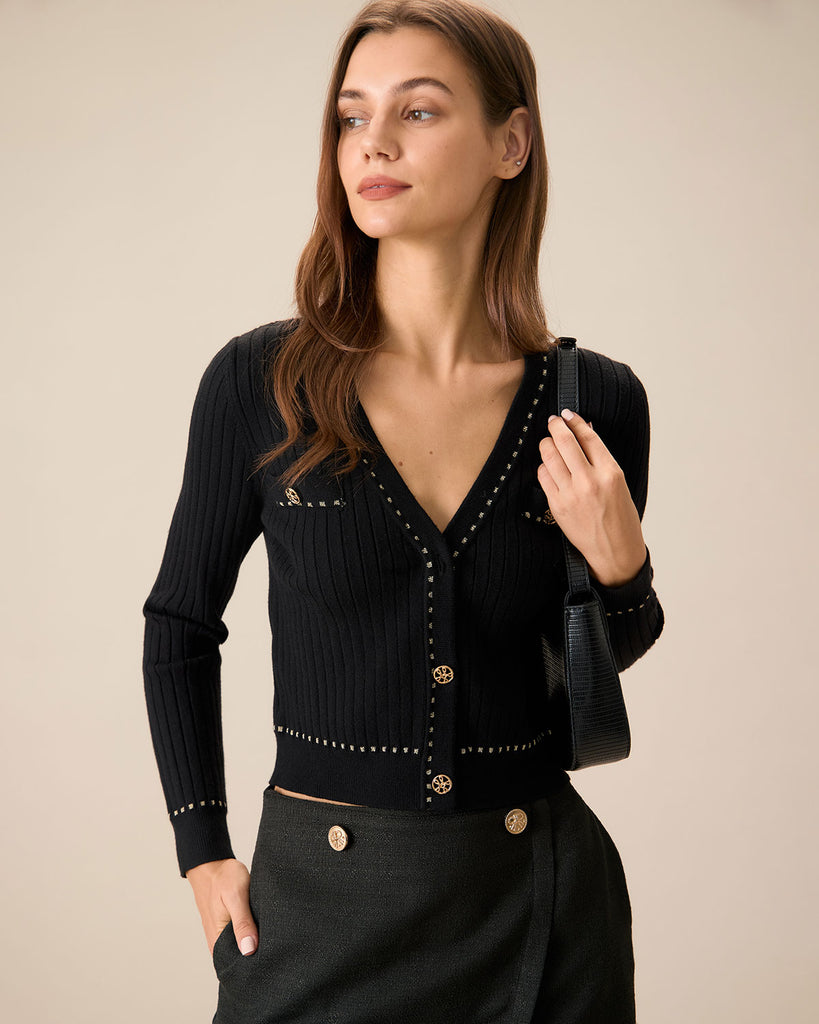 Women's Black Contrasting Single-Breasted Cardigan