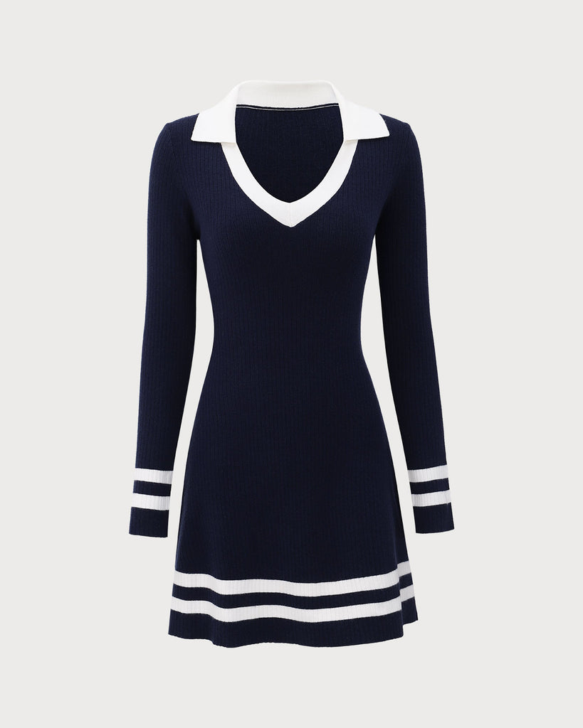 Navy Contrasting V Neck Striped Sweater Dress