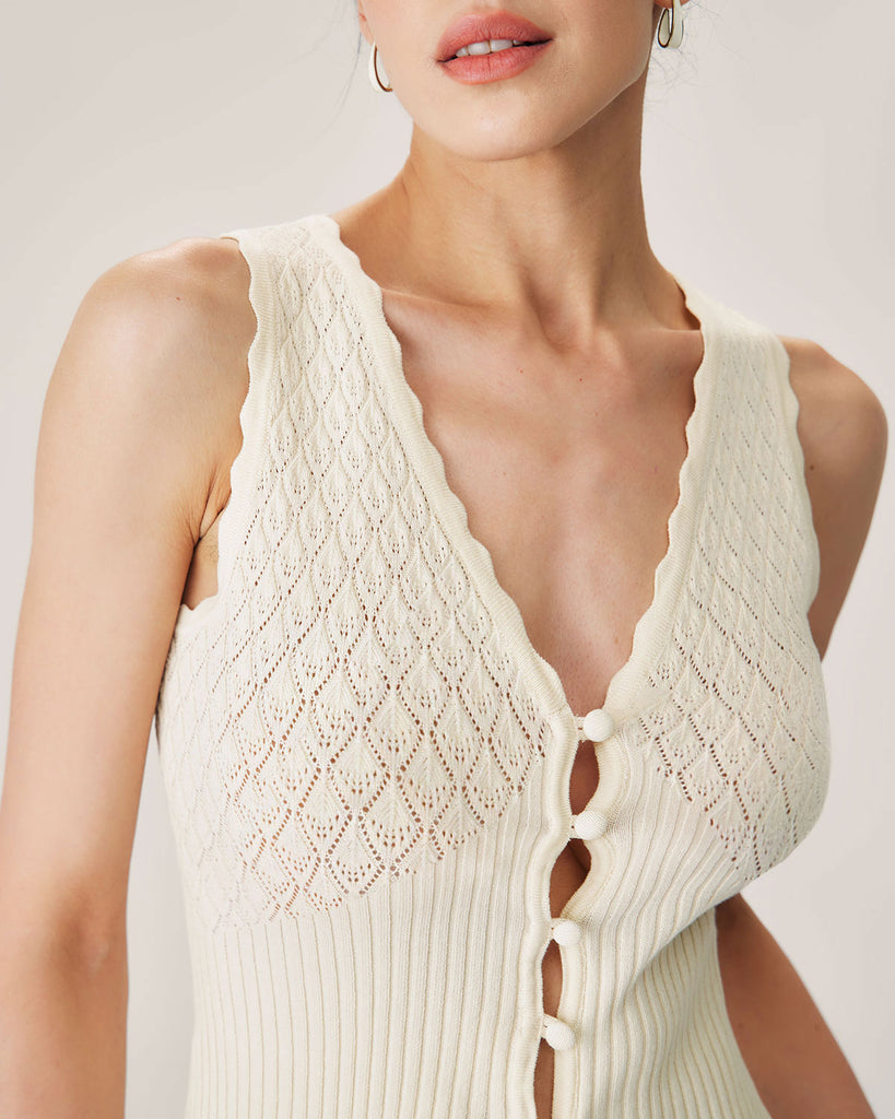 Beige V Neck Ribbed Knit Tank