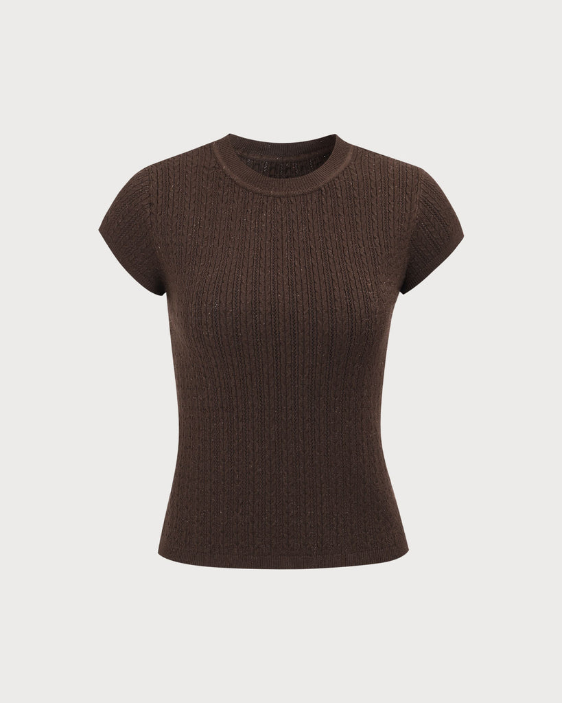 Women's Brown Crew Neck Ribbed Knit Tee