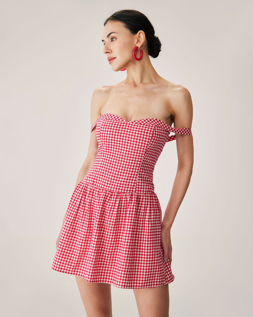 Red Plaid Sweetheart Neck Slip Mini Dress