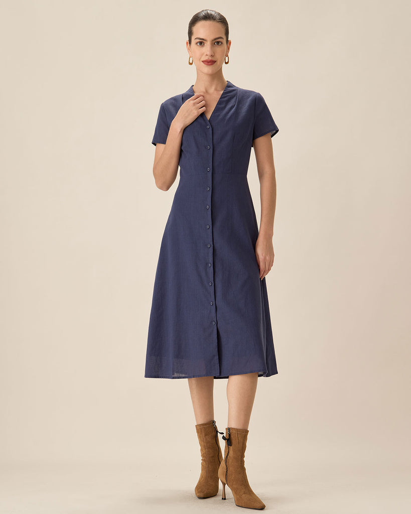 Navy Collared Button Midi Dress