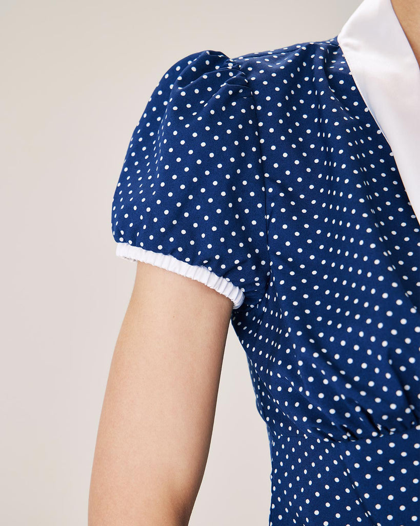 Blue Polka Dot Puffed Sleeve Blouse