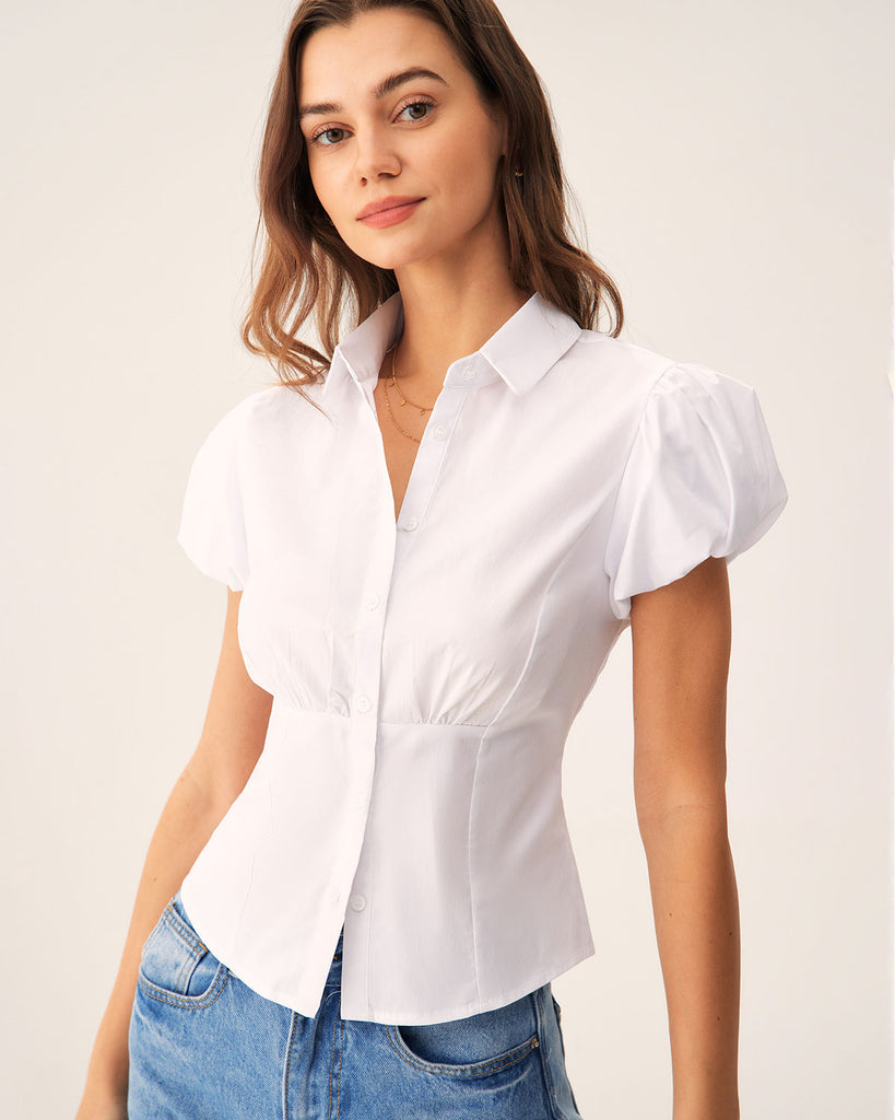 White Puffed Sleeve Slim Blouse