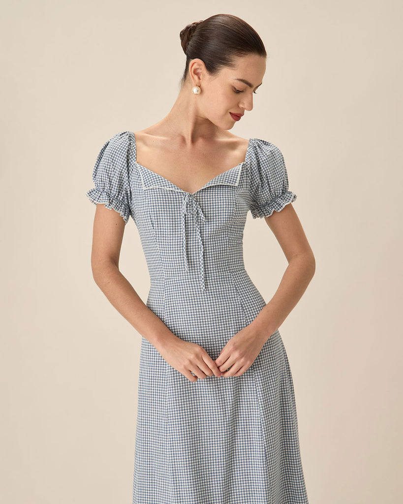 Women WovBlue Plaid Sweetheart Neck Midi Dressen Polyester Cotton Blended Dresses Dresses - RIHOAS