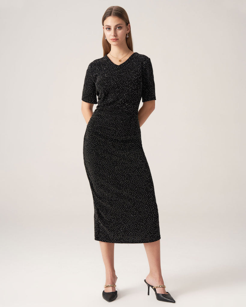 Black Polka Dot V-Neck Midi Dress