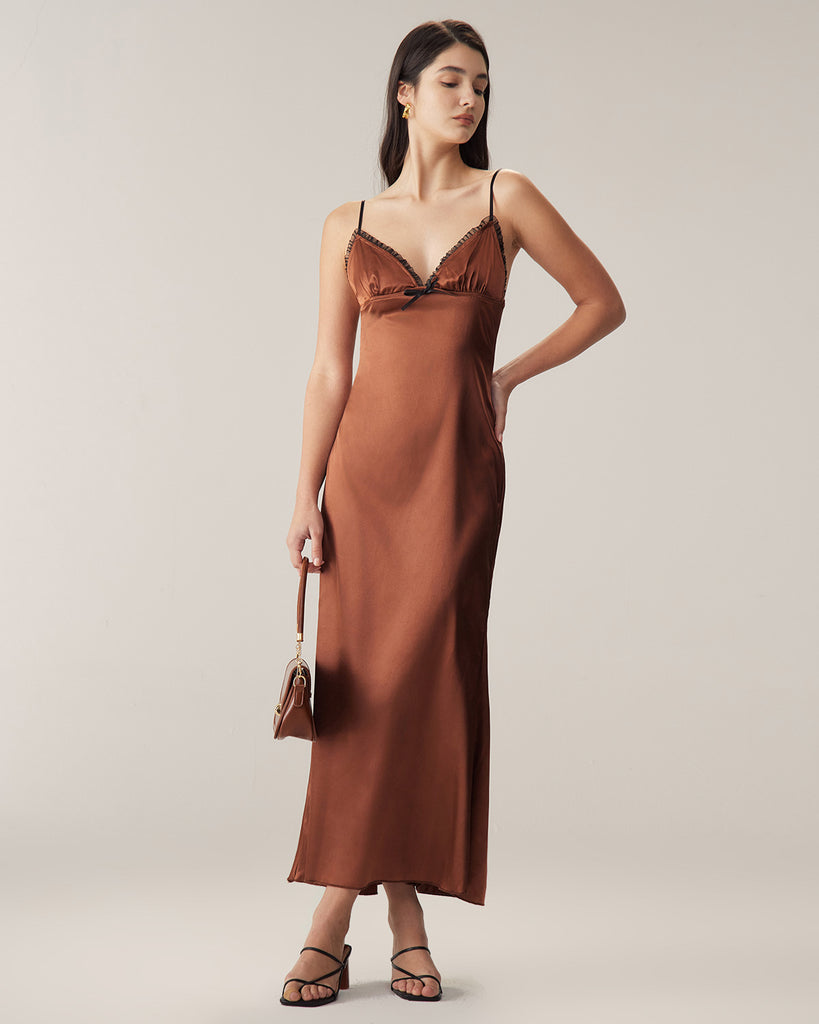 Brown Chiffon V Neck Slip Maxi Dress