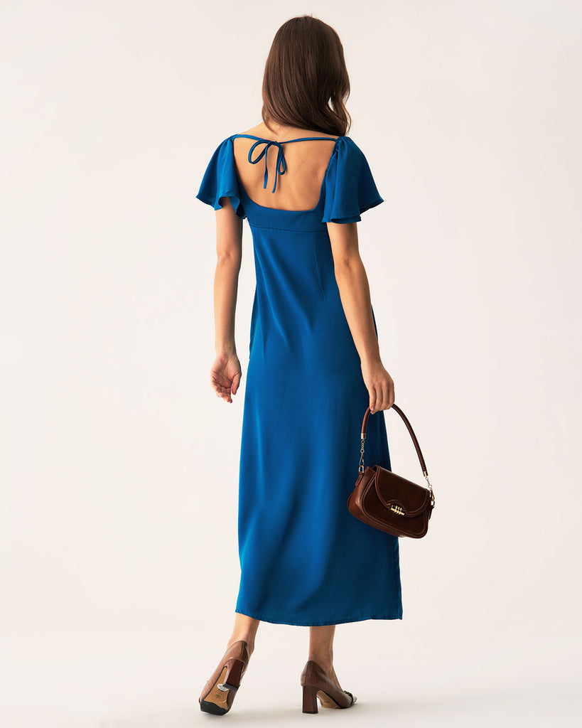 Blue Satin Sweetheart Neck Maxi Dress