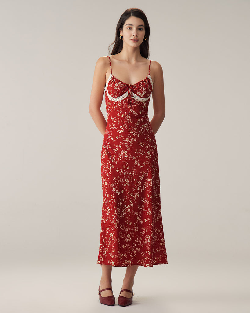 Red Floral Ruched Slip Midi Dress