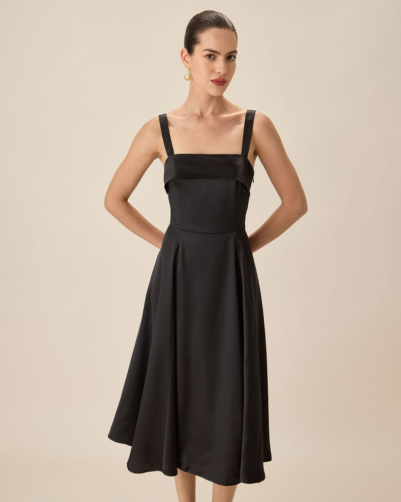 Black Satin Slip Midi Dress