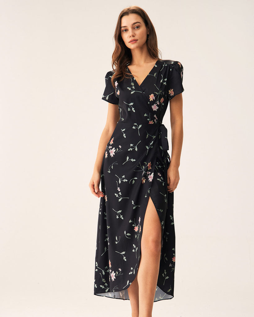 Black Floral Wrap Maxi Dress