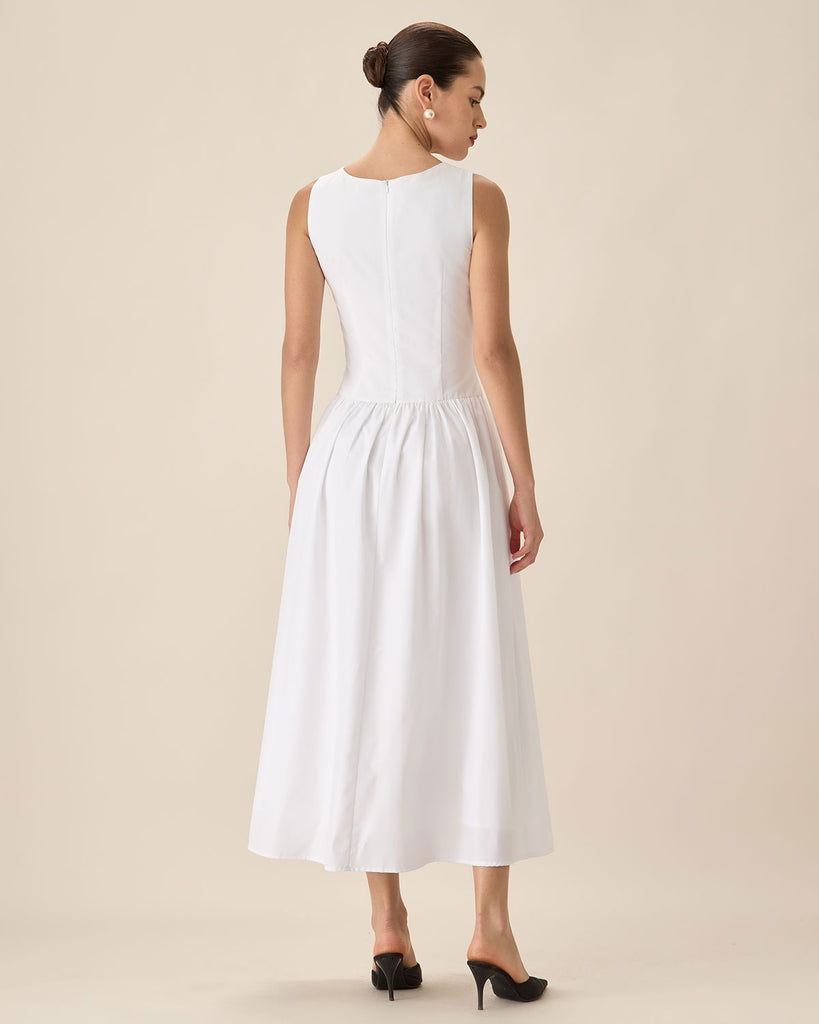 White Round Neck Pocket Maxi Dress