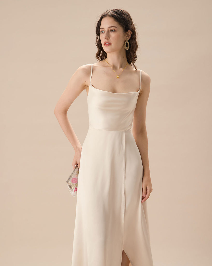 Women's Apricot Satin Cowl Neck Slip Maxi Dress