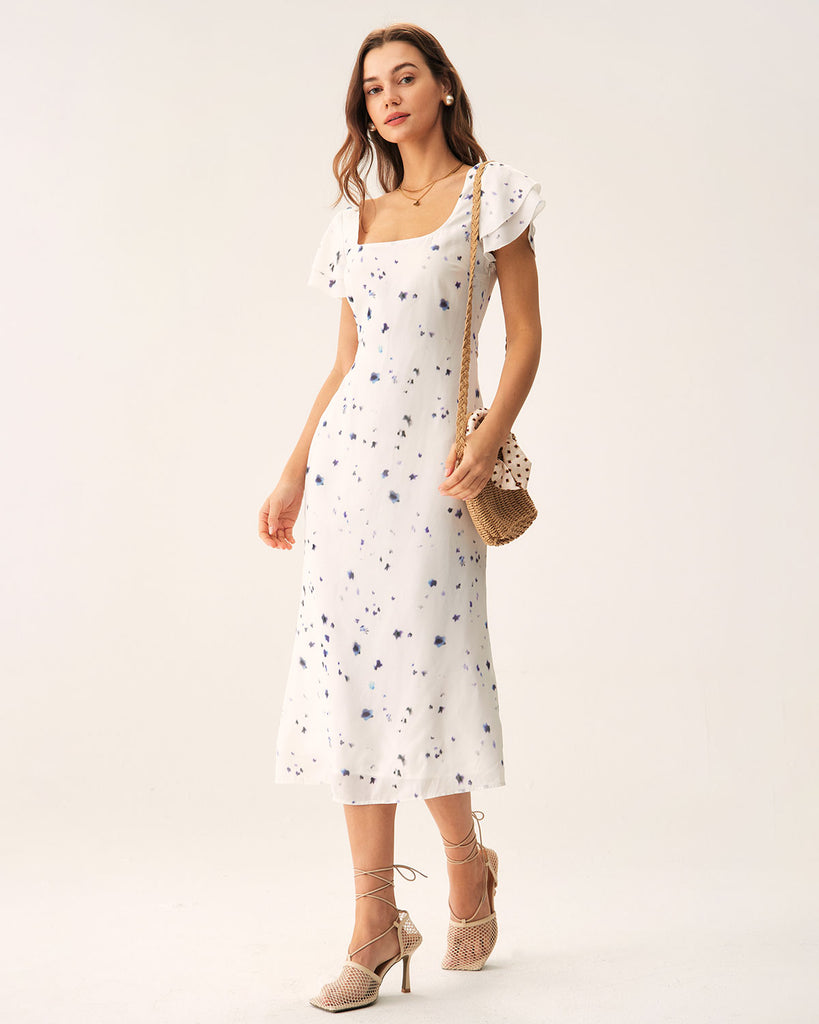 Beige Floral Square Neck Midi Dress