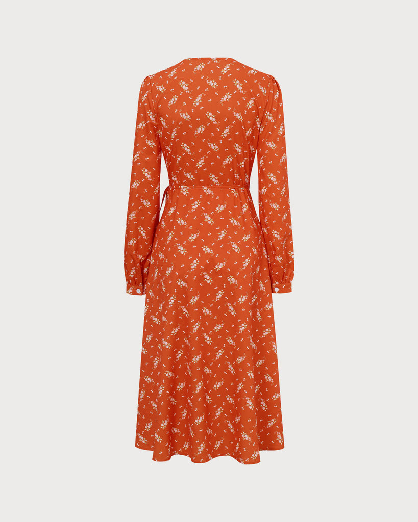 Orange Floral Wrap Midi Dress