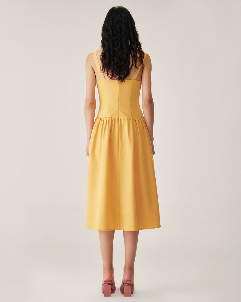 Yellow Button Pleated Slip Midi Dress