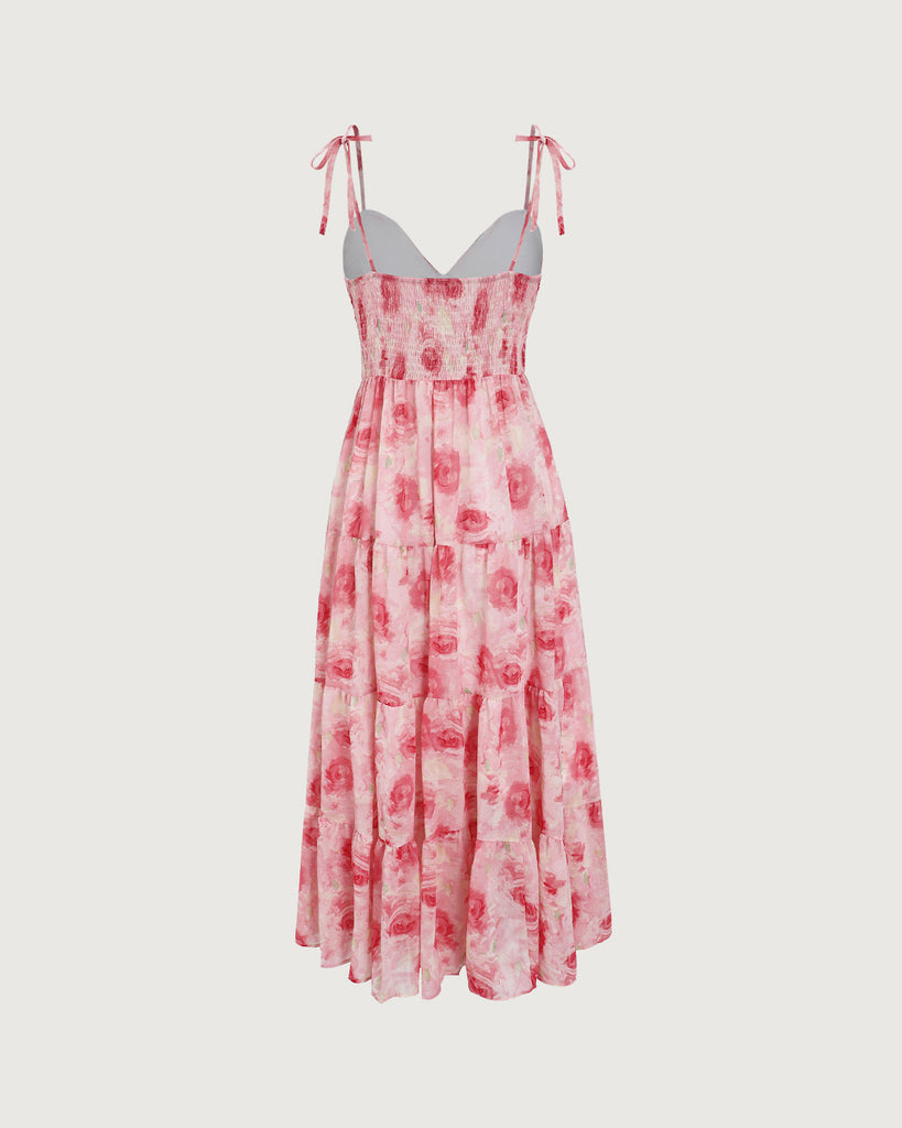 Pink Floral Tie Strap Midi Dress