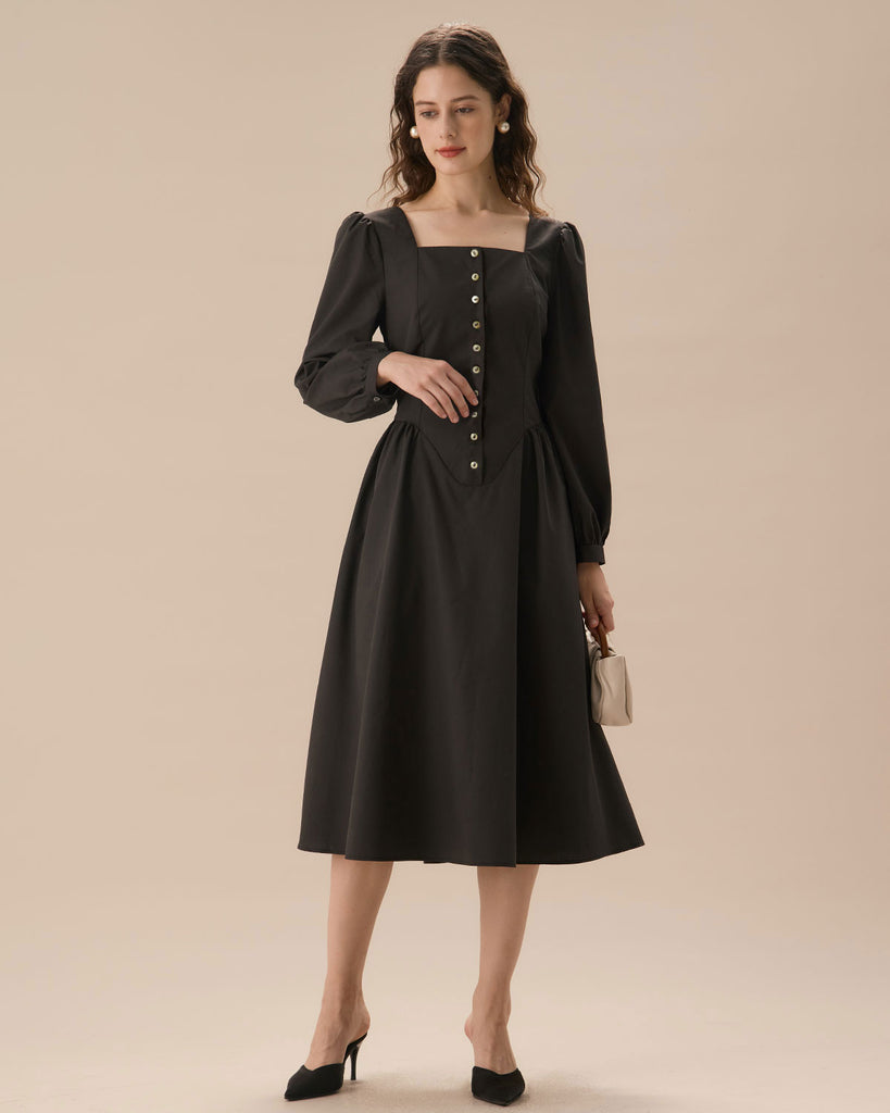 Women's Black Square Neck Puffed Sleeve Midi Dress