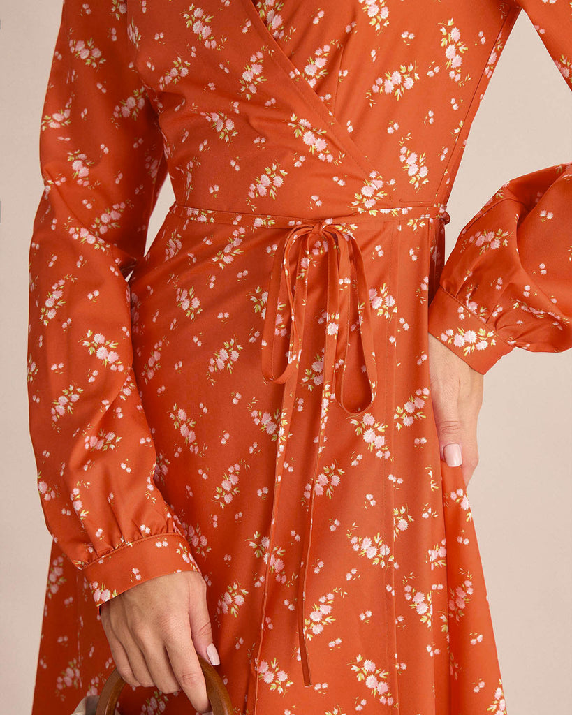 Orange Floral Wrap Midi Dress