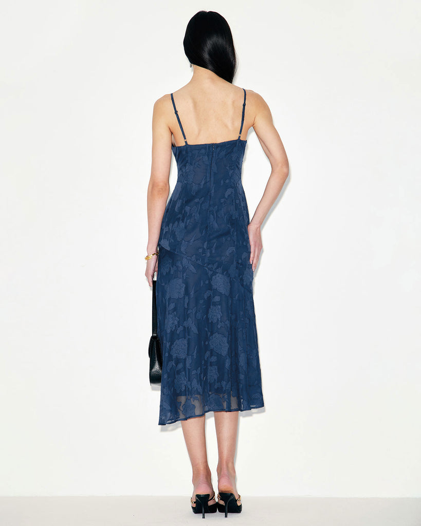 Navy Jacquard Mermaid Slip Midi Dress