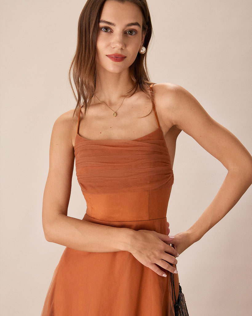 Caramel Mesh Flowy Slip Midi Dress