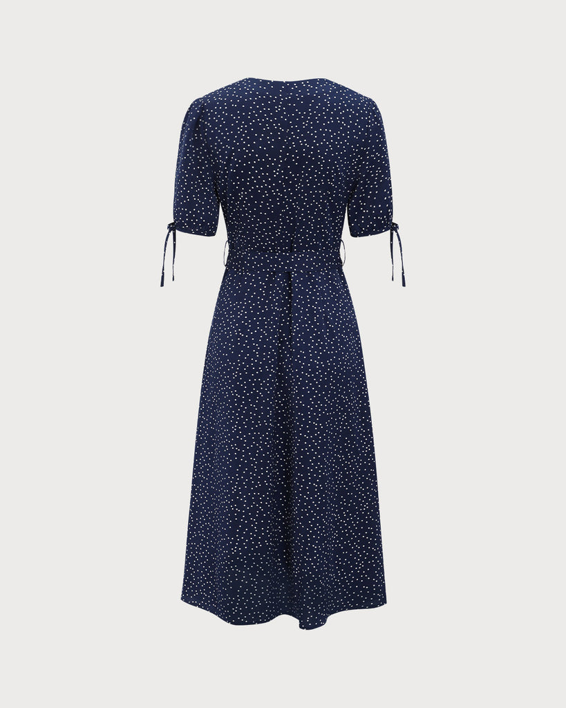 Navy Polka Dot Belted Midi Dress