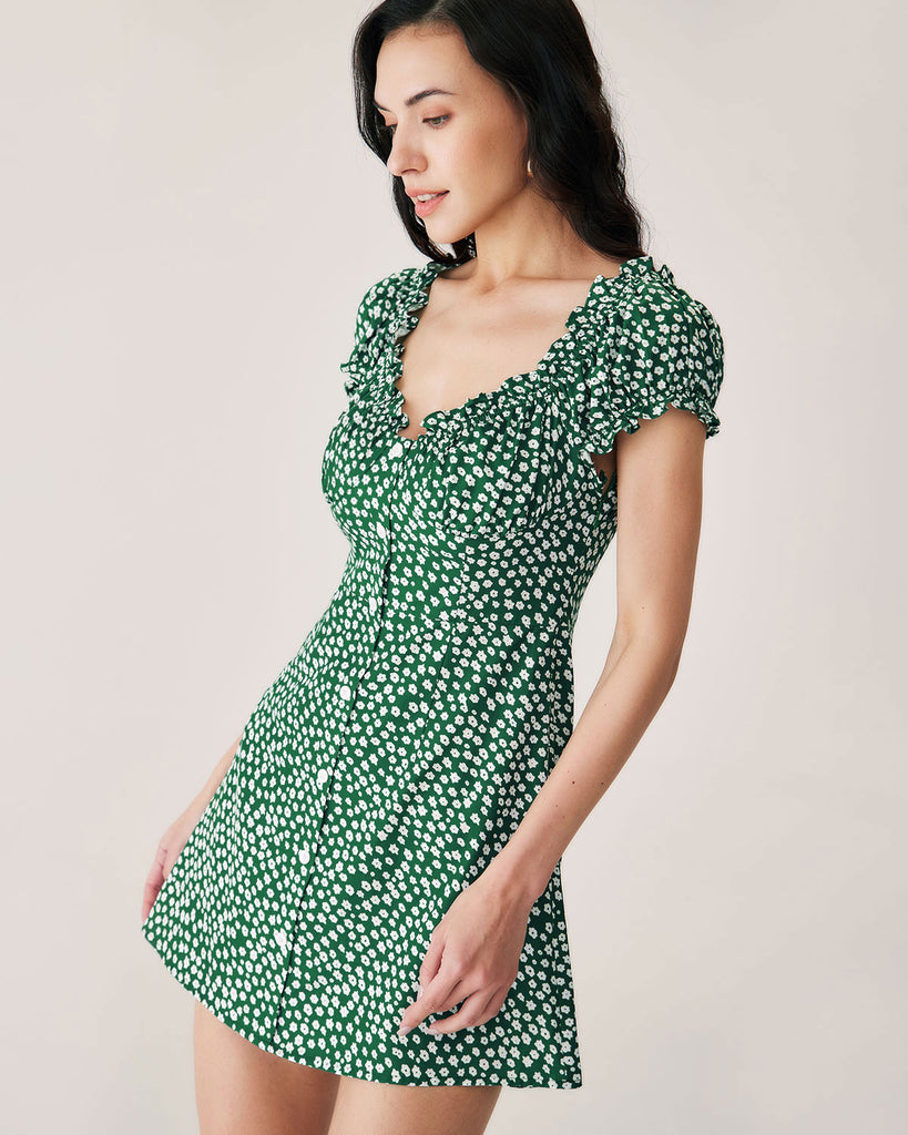 Green Floral Sweetheart Neck Mini Dress