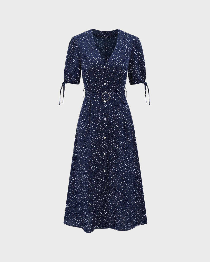 Navy Polka Dot Belted Midi Dress