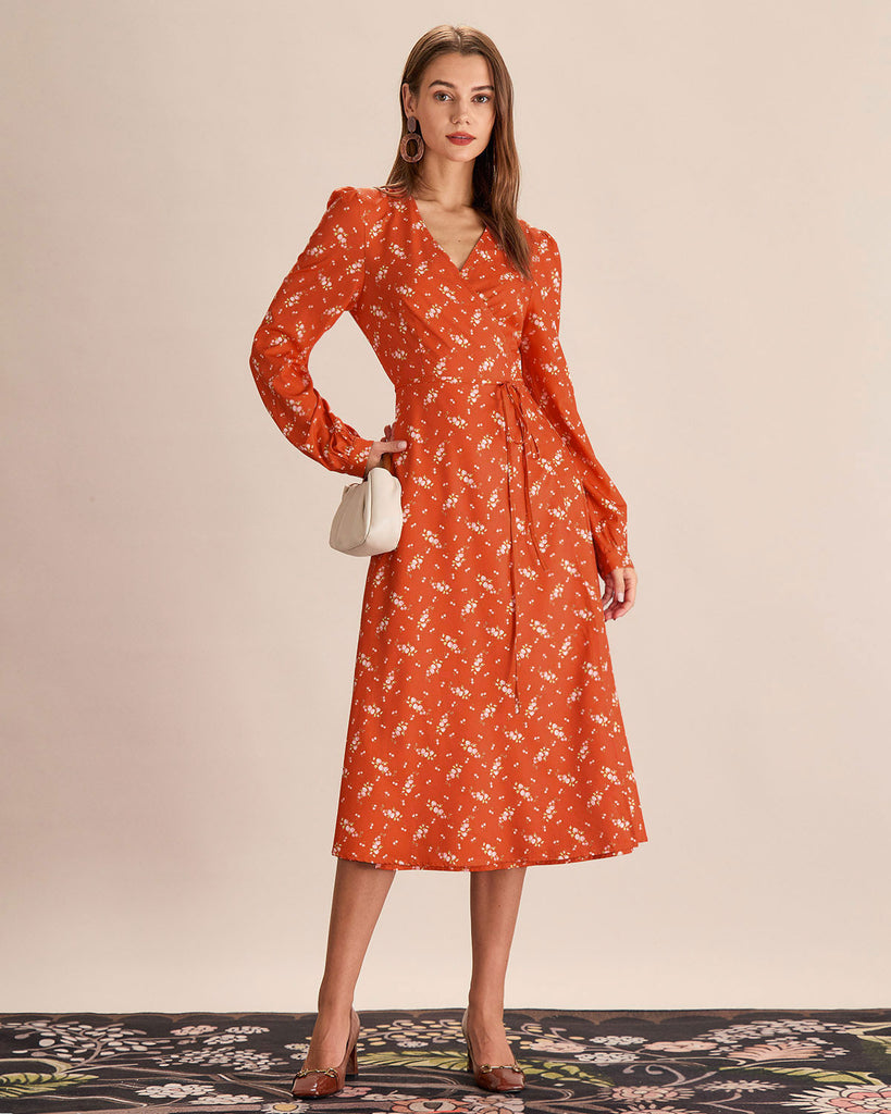 Orange Floral Wrap Midi Dress