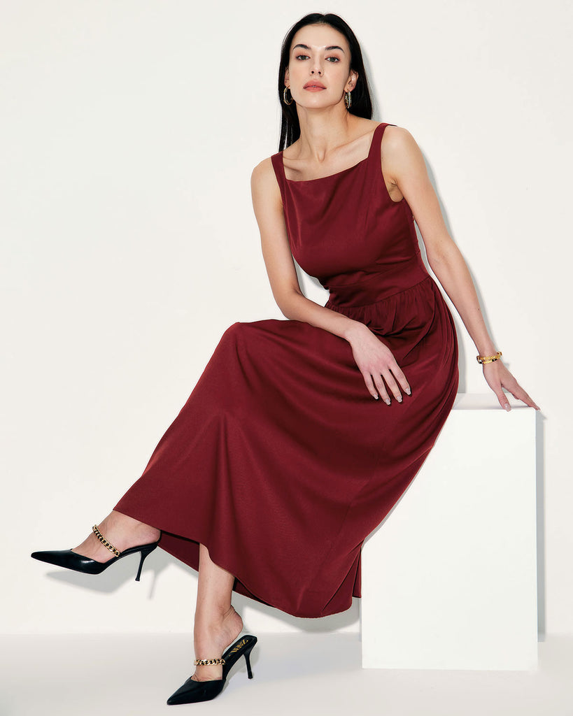 Wine Red Satin Slip Maxi Dress