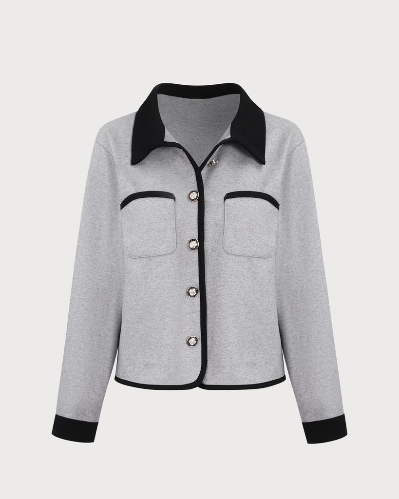 Women's Grey Splicing Single-Breasted Pocket Jacket