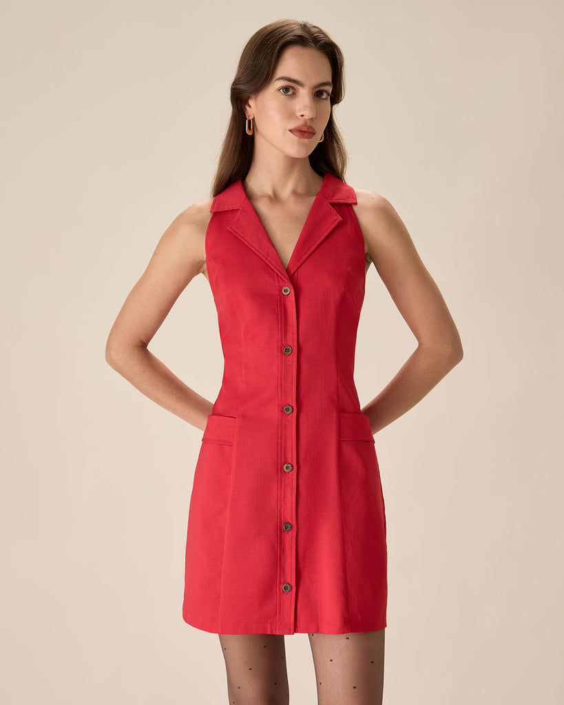 Red Collared Pocket Button Mini Dress