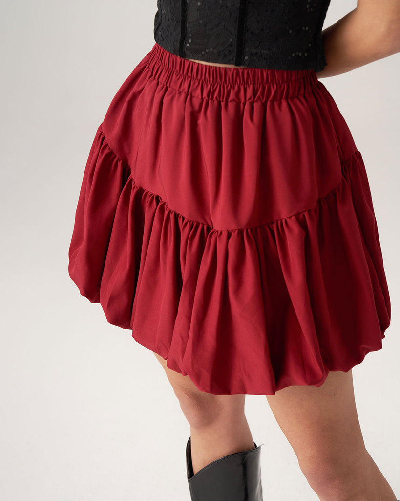 Red Elastic Waist Bubble Mini Skirt