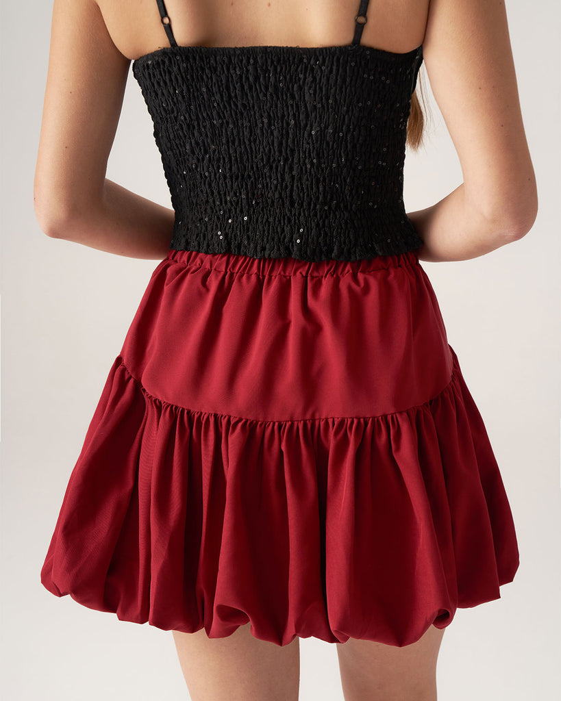 Red Elastic Waist Bubble Mini Skirt