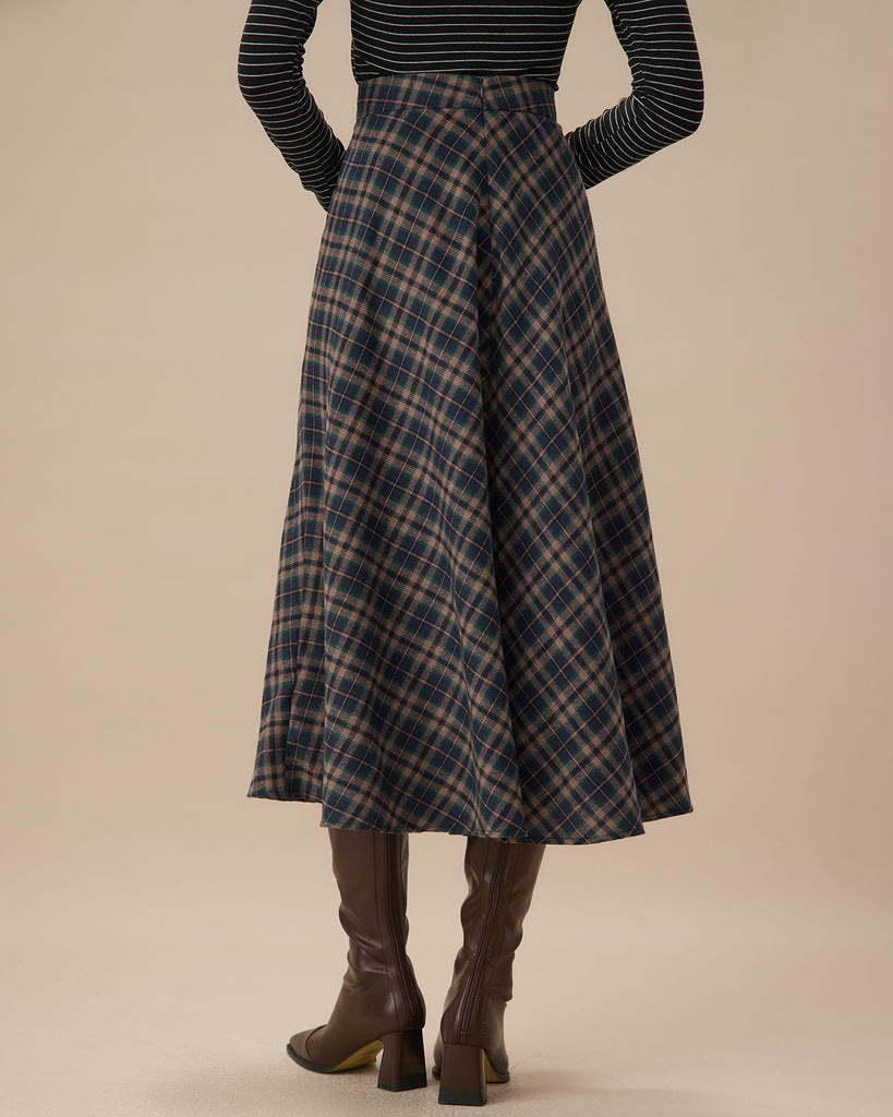 Navy Plaid Flared Midi Skirt