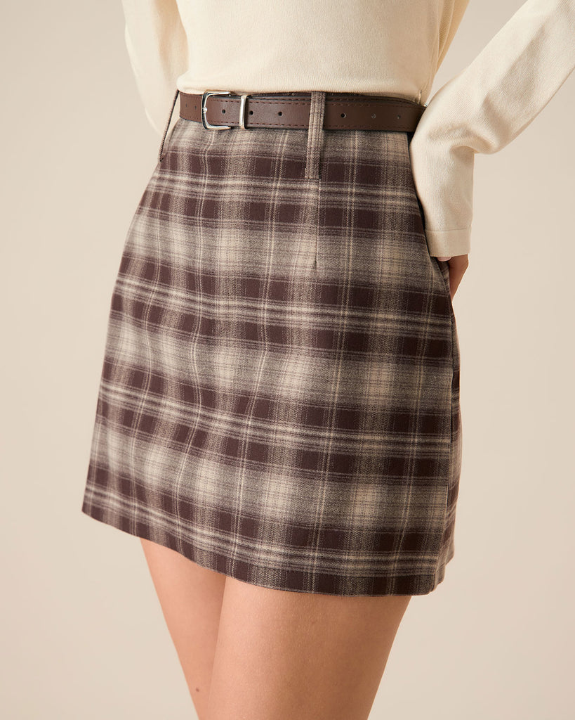 Women's Brown Plaid Straight Mini Skirt