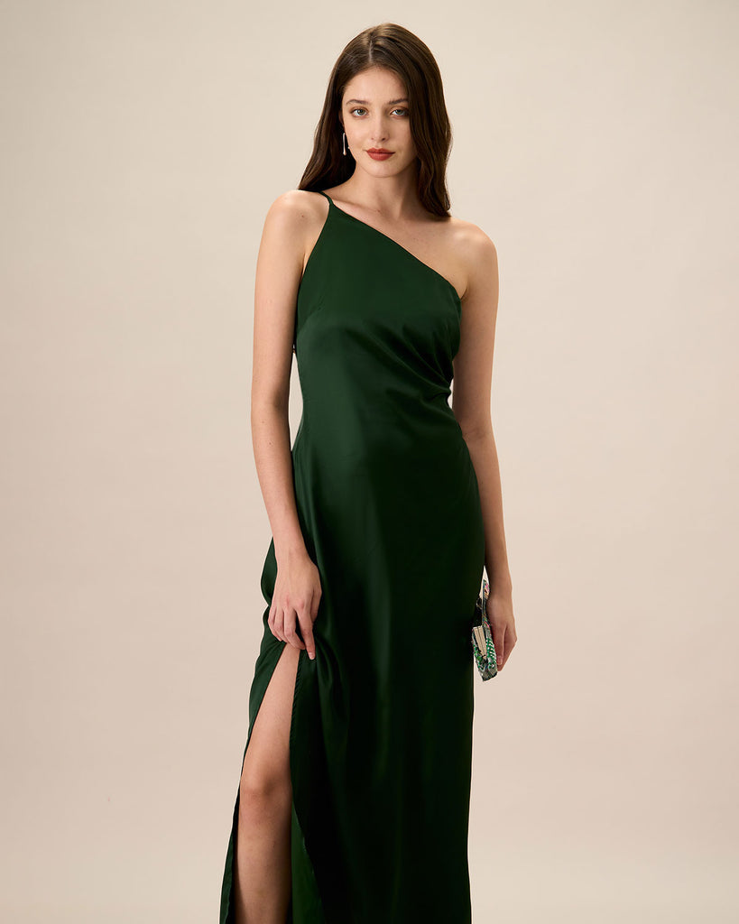 Women's Green One-shoulder Satin Maxi Dress - RIHOAS