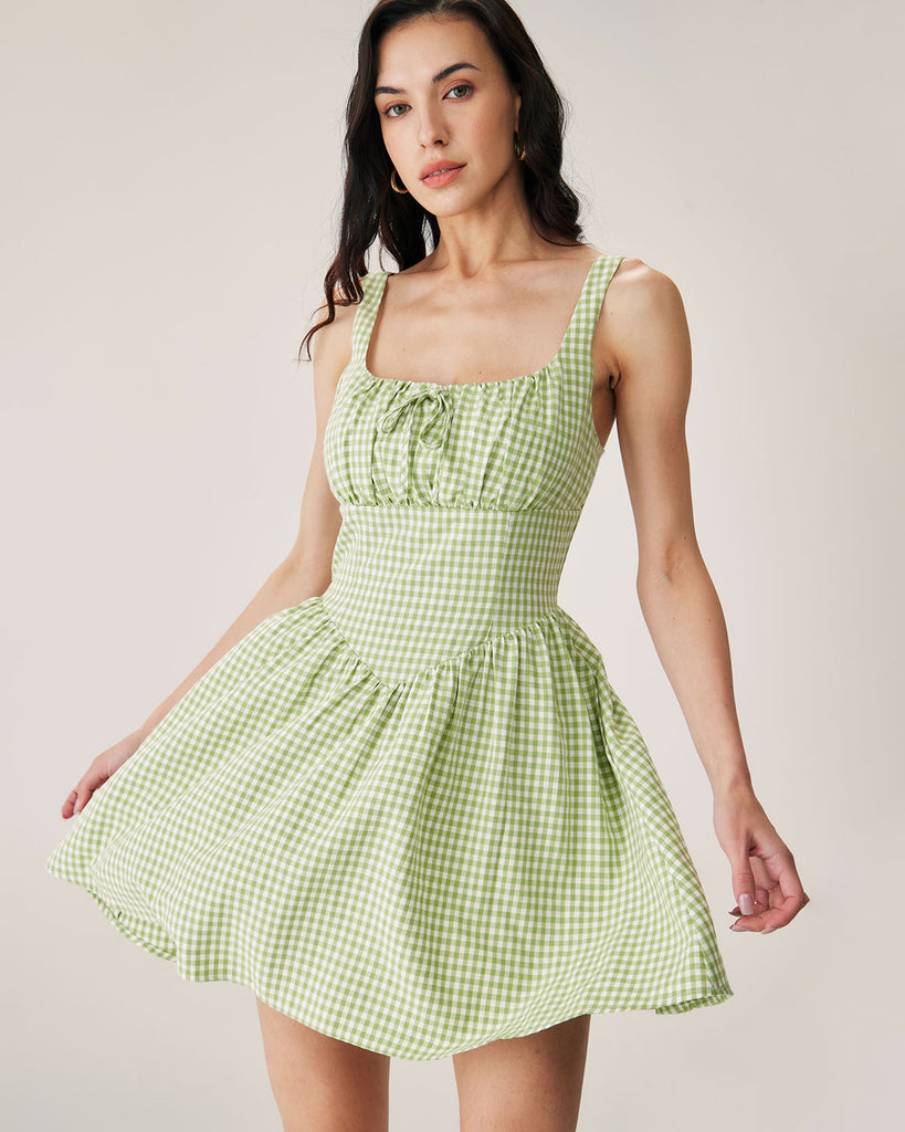 Green Plaid Ruched Slip Mini Dress